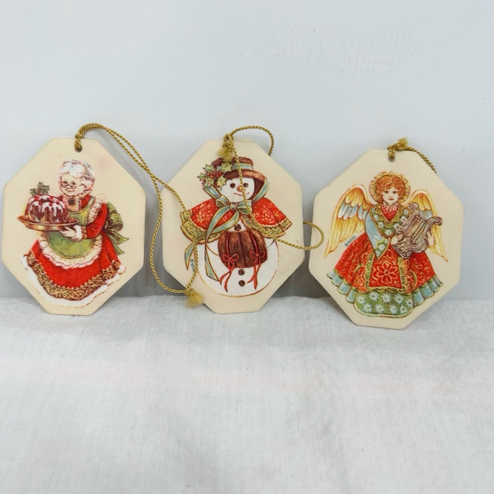 Set of 3 Avon Double‎ Sided Snowman Angel Santa Mrs Fabric Christmas Ornament
